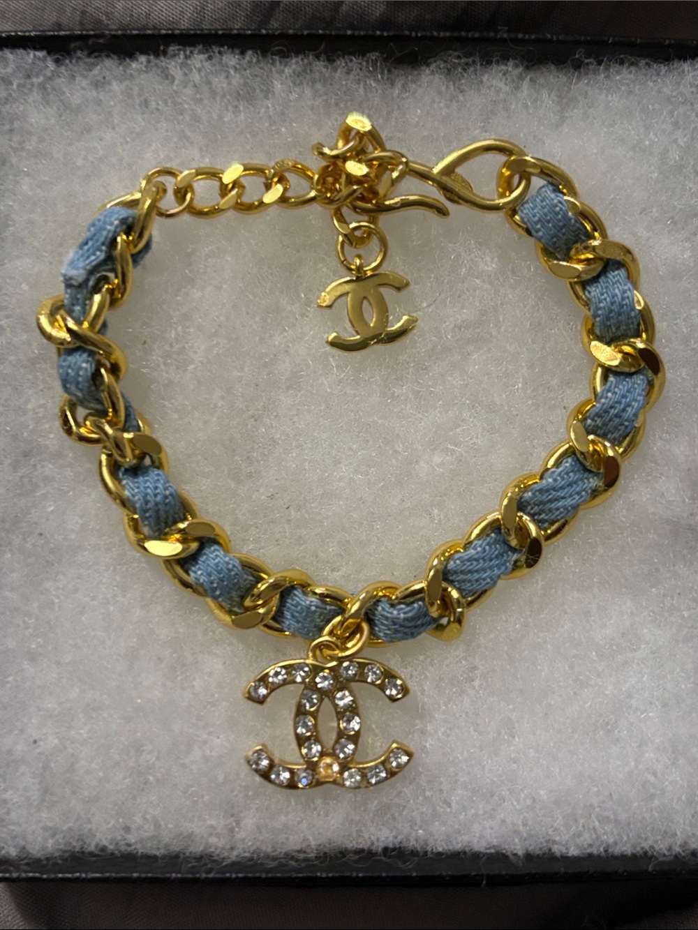 CHANEL Gold and Light Blue CC Charm Chain Bracelet